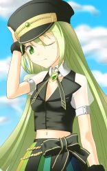 Rule 34 | 1girl, alina gray, black bow, black headwear, black necktie, black vest, blunt ends, bow, brooch, chain, collar, cross tie, detached collar, fur cuffs, gem, green eyes, green gemstone, green hair, hair between eyes, hat, highres, jewelry, lapels, long hair, magia record: mahou shoujo madoka magica gaiden, magical girl, mahou shoujo madoka magica, multicolored clothes, multicolored hair, multicolored skirt, necktie, notched lapels, one eye closed, peaked cap, pleated skirt, puffy short sleeves, puffy sleeves, see-through, see-through sleeves, short sleeves, skirt, sleeve cuffs, straight hair, streaked hair, striped clothes, striped skirt, taniryuu2, v-neck, vertical-striped clothes, vertical-striped skirt, very long hair, vest, waist bow, white collar, white sleeves