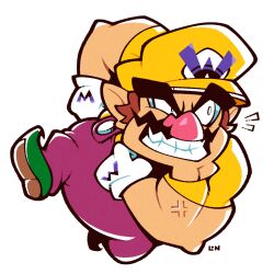 Rule 34 | 1boy, big nose, brown hair, cleft chin, clenched teeth, facial hair, gloves, green footwear, highres, legendofnerd, muscular, mustache, nintendo, overalls, pointy ears, purple overalls, shirt, simple background, teeth, thick eyebrows, wario, wario land, white background, white gloves, yellow headwear, yellow shirt