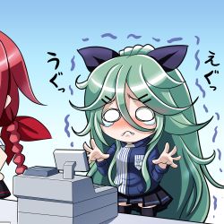 Rule 34 | 10s, 2girls, alternate costume, black legwear, blush, braid, cash register, cashier, chibi, commentary request, frown, green hair, hair between eyes, hair ornament, hair ribbon, hairclip, kantai collection, kawakaze (kancolle), lawson, long hair, looking at viewer, multiple girls, name tag, o o, out of frame, pleated skirt, red hair, ribbon, skirt, tearing up, tears, thighhighs, tk8d32, translation request, trembling, yamakaze (kancolle), zettai ryouiki