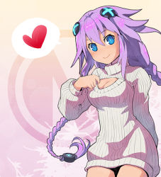 Rule 34 | 10s, 1girl, alternate costume, blue eyes, braid, breasts, cleavage, cleavage cutout, clothing cutout, female focus, gradient background, hair ornament, heart, long hair, looking at viewer, meme attire, neptune (neptunia), neptune (series), no pants, open-chest sweater, pink hair, purple hair, purple heart (neptunia), ribbed sweater, segamark, smile, solo, speech bubble, spoken heart, standing, sweater, symbol-shaped pupils, turtleneck, twin braids, very long hair