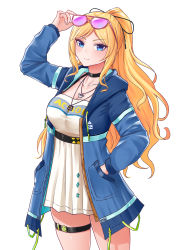 Rule 34 | 1girl, absurdres, azur lane, bad id, bad pixiv id, blonde hair, blue eyes, blue jacket, breasts, chaser (azur lane), chaser (gamer style) (azur lane), clothes writing, dress, eyewear on head, hand in pocket, highres, hood, hood down, hooded jacket, jacket, large breasts, looking at viewer, official alternate costume, open clothes, open jacket, pink-tinted eyewear, shiromashiro97, short dress, simple background, solo, standing, thigh strap, tinted eyewear, white background, white dress