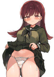 Rule 34 | 1girl, blush, breasts, brown eyes, brown hair, closed mouth, clothes lift, cowboy shot, green neckerchief, green sailor collar, green skirt, highres, kantai collection, lifted by self, long hair, long sleeves, medium breasts, nanahamu, neckerchief, ooi (kancolle), panties, pleated skirt, sailor collar, simple background, skirt, skirt lift, solo, underwear, white background, white panties