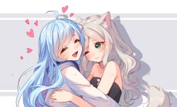 Rule 34 | 2girls, :d, ;), ^ ^, ahoge, animal ear fluff, animal ears, artist name, bare arms, bare shoulders, black dress, blue hair, blush, closed eyes, collarbone, commentary, commission, dress, english commentary, green eyes, grey background, grey hair, heart, hood, hood down, hoodie, hug, hyanna-natsu, long hair, multiple girls, one eye closed, open mouth, original, parted bangs, smile, strapless, strapless dress, tail, two-tone background, very long hair, white background, white hoodie