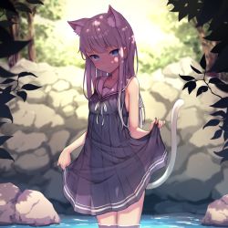 Rule 34 | 1girl, animal ears, backlighting, bare arms, bare shoulders, black dress, blue eyes, cat ears, cat girl, cat tail, closed mouth, commentary, day, dress, english commentary, extra ears, grey hair, long hair, original, outdoors, pleated dress, revision, ryuinu, sailor collar, sailor dress, see-through silhouette, skirt hold, sleeveless, sleeveless dress, smile, sunlight, tail, very long hair, wading, water, white sailor collar