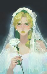 Rule 34 | 1girl, alternate costume, bare shoulders, blonde hair, blue background, braid, bridal veil, chinese commentary, collarbone, commentary request, dated, dress, earrings, expressionless, flower, green eyes, green hair, green nails, hand up, highres, holding, holding flower, jewelry, jojo no kimyou na bouken, kuujou jolyne, looking at viewer, medium hair, multicolored hair, nail polish, off shoulder, parted bangs, pearl earrings, portrait, quan dao, realistic, rose, side braid, single braid, solo, straight-on, two-tone hair, veil, wedding dress, weibo logo, weibo watermark, white dress, white flower, white rose, yellow lips