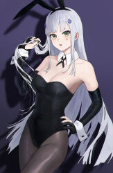 Rule 34 | 1girl, absurdres, alternate costume, animal ears, bare shoulders, black gloves, black leotard, black nails, black pantyhose, breasts, cleavage, collar, collarbone, detached collar, elbow gloves, fake animal ears, feet out of frame, girls&#039; frontline, gloves, green eyes, hair ornament, hairclip, hand in own hair, hand on own hip, highres, hk416 (girls&#039; frontline), kir (khw66136132), leotard, long hair, looking at viewer, medium breasts, nail polish, open mouth, pantyhose, partially fingerless gloves, playboy bunny, purple background, rabbit ears, shadow, sidelocks, solo, standing, teardrop facial mark, teardrop tattoo, very long hair, white collar, white hair, white wrist cuffs, wrist cuffs