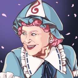 Rule 34 | 1girl, blue background, blue hat, blue kimono, blue ribbon, earrings, flab, frilled shirt collar, frills, gradient background, hat, japanese clothes, jewelry, kimono, lipstick, looking to the side, makeup, mefomefo, mob cap, nose, old, old woman, open mouth, pink eyes, pink hair, real life, realistic, ribbon, saigyouji yuyuko, short bangs, short hair, simple background, smile, solo, teeth, touhou, triangular headpiece, upper body