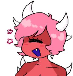 Rule 34 | 1girl, bad id, bad pixiv id, bare shoulders, blush stickers, cacodemon, closed eyes, colored skin, commentary, cyclops, doom (series), english commentary, eyelashes, fang, flower, happy, horns, lowres, one-eyed, open mouth, ouchface, personification, pink hair, red skin, short hair, simple background, smile, solo, upper body, white background