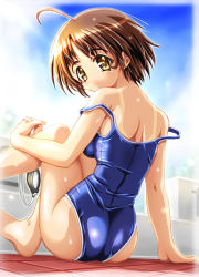 Rule 34 | 1girl, ahoge, arm support, ass, brown hair, day, from behind, goggles, unworn goggles, looking at viewer, one-piece swimsuit, one-piece tan, outdoors, pool, poolside, shiruko, sitting, solo, strap slip, swimsuit, tan, tanline, wet, yellow eyes