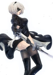 Rule 34 | 1girl, 2b (nier:automata), ass, black blindfold, black dress, black hairband, blindfold, boots, covered eyes, dress, feather-trimmed sleeves, feather trim, gloves, hairband, highres, juliet sleeves, leotard, long sleeves, mitsuki nite, nier:automata, nier (series), puffy sleeves, short hair, simple background, solo, thighhighs, thighhighs under boots, thong leotard, virtuous contract, white background, white hair, white leotard