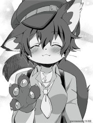 Rule 34 | 1girl, animal ears, blush, cat ears, cat girl, cat tail, claws, closed eyes, collared shirt, ear down, eromame, fangs, female focus, fewer digits, furrification, furry, furry female, greyscale, hat, monochrome, necktie, pawpads, persona, persona 4, shirogane naoto, shirt, short hair, smile, solo, tail, twitter username, whiskers