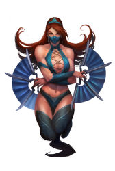 Rule 34 | 1girl, armlet, bare shoulders, between fingers, blue thighhighs, breasts, cleavage, cleavage cutout, clothing cutout, fighting stance, hair spread out, halterneck, hand fan, holding, huge breasts, kitana, long hair, looking at viewer, mask, midway, mortal kombat (series), mortal kombat (series), mortal kombat 9, navel, ninja, solo, standing, thighhighs, toned