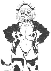 Rule 34 | 1girl, animal ears, animal print, areola slip, bell, bikini, blush, bones (company), bra, breasts, cleavage, collarbone, cow ears, cow girl, cow horns, cow print, cow tail, cowbell, cowgirl outfit, elbow gloves, female focus, full body, glasses, gloves, godzilla (series), godzilla singular point, hands on own hip, headgear, horns, jacket, kamino mei, large breasts, long glove, looking at viewer, messy hair, mindwipe, monochrome, navel, neck bell, orange (company), panties, short hair, smile, solo, swimsuit, tail, thick thighs, thighhighs, thighs, toho, underwear, white background, white bikini, white gloves, white panties, white thighhighs