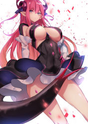 Rule 34 | 1girl, aged up, alternate breast size, asymmetrical horns, blue eyes, blush, breasts, curled horns, dragon girl, dragon horns, dragon tail, elizabeth bathory (fate), elizabeth bathory (fate/extra ccc), elizabeth bathory (first ascension) (fate), fate/extra, fate (series), hair between eyes, hand on own hip, highres, horns, large breasts, long hair, looking at viewer, petals, pink hair, pointy ears, simple background, solo, spider apple, tail, two side up, uneven horns, white background