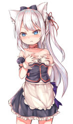 Rule 34 | 1girl, :t, absurdres, animal ear fluff, animal ears, apron, azur lane, bare shoulders, black bow, black dress, blue eyes, blush, bow, cat ears, cat hair ornament, closed mouth, collarbone, cowboy shot, detached sleeves, dress, frilled dress, frills, hair bow, hair ornament, hair ribbon, hammann (azur lane), highres, keiran (ryo170), long hair, one side up, pout, puffy short sleeves, puffy sleeves, red ribbon, remodel (azur lane), ribbon, short sleeves, silver hair, simple background, solo, strapless, strapless dress, v-shaped eyebrows, very long hair, waist apron, white apron, white background, wrist cuffs