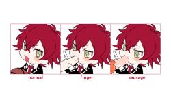Rule 34 | 10s, 1boy, ball, basketball, blush, chibi, collared shirt, diabolik lovers, eating, fangs, finger in another&#039;s mouth, finger sucking, flat color, food, green eyes, kiri (qoo), looking at viewer, male focus, necktie, open mouth, red hair, sakamaki ayato, school uniform, shirt, simple background, solo focus, uniform, vampire, white background