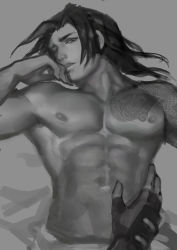 Rule 34 | 2boys, brothers, family, genji (overwatch), hanzo (overwatch), incest, male focus, midomido, monochrome, multiple boys, muscular, nipples, overwatch, overwatch 1, siblings, tattoo, upper body, yaoi