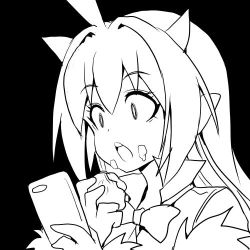 Rule 34 | 1girl, asahi, breasts, cellphone, cleavage, detective hat, eating, female focus, holding, holding phone, horns, lilith-soft, long hair, lowres, monochrome, phone, rina (taimanin asagi), smartphone, solo, taimanin (series), taimanin asagi, taimanin rpgx