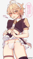 Rule 34 | 1boy, aether (genshin impact), bare legs, blonde hair, blush, braid, crop top, earrings, genshin impact, headband, highres, jewelry, maid, male focus, open mouth, panties, penis, pulled by self, sg (under siiiiii), stomach, testicles, translation request, trap, twitter username, underwear, yellow eyes