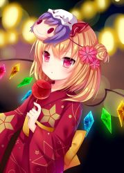 Rule 34 | 1girl, alternate costume, amashiro natsuki, bad id, bad pixiv id, blonde hair, candy apple, flandre scarlet, flower, food, hair flower, hair ornament, highres, japanese clothes, kimono, looking at viewer, mask, mouth mask, obi, pink eyes, red kimono, remilia scarlet, sash, side ponytail, solo, touhou, wide sleeves, wings, yukata