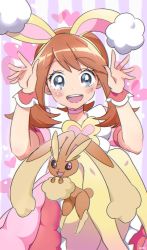 Rule 34 | 1girl, :d, animal ears, ao (batsumaruha to), blue eyes, blush, brown hair, choker, creatures (company), dress, fake animal ears, game freak, gen 4 pokemon, heart, looking at viewer, lopunny, may (pokemon), may (spring 2021) (pokemon), nintendo, official alternate costume, open mouth, pink choker, pink dress, pokemon, pokemon (creature), pokemon masters ex, rabbit ears, rabbit pose, smile, solo, wrist cuffs