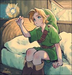 Rule 34 | 1boy, belt, blue eyes, boots, brown footwear, collar, commentary request, eyelashes, fairy, floating, green collar, green headwear, green tunic, kwsby 124, link, navi, nintendo, on bed, parted lips, pointy ears, sitting, the legend of zelda, the legend of zelda: ocarina of time, young link