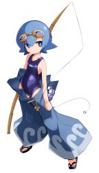 Rule 34 | 1girl, blue eyes, blue hair, child, collarbone, creatures (company), expressionless, fishing rod, flat chest, full body, game freak, goggles, hair between eyes, highres, holding, karukan (monjya), lana (pokemon), looking away, matching hair/eyes, nintendo, one-piece swimsuit, pants, petite, poke ball, pokemon, pokemon sm, sandals, short hair, simple background, solo, standing, swimsuit, swimsuit under clothes, toes, trial captain, white background