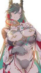 Rule 34 | 1girl, black hair, blue eyes, breasts, cleavage, colored inner hair, dragon girl, dragon horns, granblue fantasy, green hair, horns, ion (cation), large breasts, long hair, long sleeves, looking at viewer, multicolored hair, payila (granblue fantasy), pointy ears, see-through, see-through cleavage, smile, solo