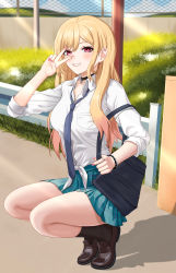 Rule 34 | 1girl, absurdres, bag, bead bracelet, beads, black choker, blonde hair, blue skirt, blue sky, bracelet, breasts, brown footwear, choker, cloud, collared shirt, colored tips, dress shirt, earrings, fence, grin, highres, jewelry, kitagawa marin, loafers, long hair, looking at viewer, medium breasts, multicolored hair, nail polish, necktie, outdoors, piercing, pink nails, plaid, plaid skirt, pleated skirt, red eyes, red hair, school bag, school uniform, shirt, shoes, sidraxiii, skirt, sky, smile, socks, solo, sono bisque doll wa koi wo suru, squatting, thighs, white shirt