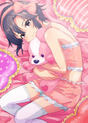 Rule 34 | 1girl, absurdres, antenna hair, bare shoulders, black eyes, black hair, blush, choker, closed mouth, crop top, cropped shirt, cushion, frilled choker, frilled shirt, frilled skirt, frills, hair ribbon, hairband, highres, holding, holding stuffed toy, idolmaster, idolmaster (classic), idolmaster million live!, idolmaster million live! theater days, kikuchi makoto, looking at viewer, lying, midriff, on bed, on side, pink choker, pink hairband, pink ribbon, pink shirt, pink skirt, ribbon, shirt, short hair, skirt, smile, solo, stuffed animal, stuffed toy, teddy bear, thighhighs, wanoji, white thighhighs, zettai ryouiki