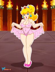 Rule 34 | 1girl, absurdres, babydoll, blonde hair, blue eyes, breasts, cleavage, curvy, feet, heels, highres, idendrawx, identrex, large breasts, legs, looking at viewer, mario (series), navel, nintendo, nipples, open mouth, pink lips, ponytail, princess, princess peach, see-through, smile, solo, super mario bros. 1, thick thighs, thighs, thong, wide hips