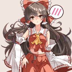 Rule 34 | 1girl, arm at side, ascot, bare shoulders, bow, breasts, brown eyes, brown hair, collarbone, commentary request, cowboy shot, detached sleeves, eaglov, frilled bow, frilled hair tubes, frilled shirt collar, frills, grey background, hair bow, hair tubes, hakurei reimu, hand on own hip, highres, long hair, long sleeves, looking at viewer, midriff, navel, pixel art, red bow, red skirt, red vest, simple background, skirt, skirt set, small breasts, solo, speech bubble, spoken blush, touhou, very long hair, vest, wide sleeves, yellow ascot