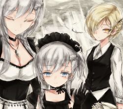 Rule 34 | 3girls, aged down, alternate costume, apron, azur lane, belfast (azur lane), black dress, blonde hair, blue eyes, blush, bowing, braid, breasts, choker, cleavage, closed eyes, collarbone, collared shirt, dress, expressionless, feathers, french braid, frills, gloves, hair over one eye, half-closed eyes, jewelry, kyuumoto kuku, large breasts, long hair, long sleeves, looking at viewer, maid, maid headdress, medium breasts, multiple girls, neck ribbon, necklace, one side up, ribbon, sheffield (azur lane), shirt, short hair, sidelocks, signature, silver hair, sleeves rolled up, smile, tsurime, vest, white apron, yellow eyes