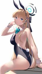 Rule 34 | 1girl, animal ears, ass, bare shoulders, black leotard, blonde hair, blue archive, blue eyes, blush, bow, bowtie, braid, breasts, detached collar, earpiece, fake animal ears, fake tail, french braid, halo, highleg, highleg leotard, highres, kameponde, leotard, long hair, looking at viewer, looking back, medium breasts, playboy bunny, rabbit ears, rabbit tail, sitting, solo, tail, thighs, toki (blue archive), toki (bunny) (blue archive), wrist cuffs