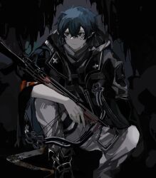 Rule 34 | 1boy, arknights, black coat, black footwear, blue eyes, blue hair, boots, bow (weapon), chinese commentary, coat, commentary, crossbow, crossed bangs, dark background, dim lighting, faust (arknights), holding, holding crossbow, holding weapon, liubeikucha, looking to the side, male focus, pants, pointy ears, scales, scope, short hair, sitting, snake boy, snake tail, solo, tactical clothes, tail, weapon, white pants