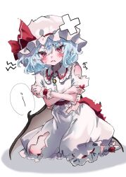 Rule 34 | 1girl, ascot, bare shoulders, bat wings, blood, blue hair, blush, bow, brooch, crossed arms, dress, fang, frills, full body, hair between eyes, hat, hat bow, hat ribbon, highres, jewelry, kneeling, looking at viewer, midriff peek, mob cap, open mouth, puffy short sleeves, puffy sleeves, red bow, red eyes, red ribbon, remilia scarlet, ribbon, shadow, shinonome (ichigotsuki), shirt, short hair, short sleeves, simple background, sitting, solo, speech bubble, tears, torn clothes, touhou, waist bow, wariza, white background, white dress, white hat, wings, wrist cuffs