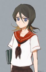 Rule 34 | 1girl, black hair, black neckerchief, bleach, blue eyes, brown hair, brown skirt, carrying, carrying under arm, closed mouth, commentary, dated, grey background, hair between eyes, highres, jou (jo jjo), kuchiki rukia, long hair, looking at viewer, multicolored hair, neckerchief, parted bangs, pleated skirt, red sailor collar, sailor collar, school uniform, serafuku, shirt, short sleeves, simple background, skirt, solo, two-tone hair, white shirt