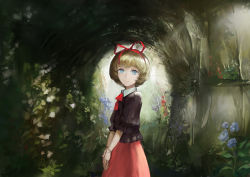 Rule 34 | 1girl, absurdres, blonde hair, blue eyes, doll joints, flower, hair ribbon, highres, jiliang ji ying, joints, looking at viewer, looking to the side, medicine melancholy, nature, own hands together, puffy short sleeves, puffy sleeves, red ribbon, ribbon, short hair, short sleeves, skirt, smile, solo, standing, touhou