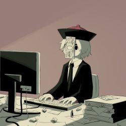 Rule 34 | 1boy, avogado6, book, commentary request, formal, hat, jiangshi, keyboard (computer), male focus, money, monitor, necktie, ofuda, original, pen, qingdai guanmao, sepia background, simple background, sitting, suit, translation request, typing