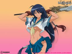 Rule 34 | 00s, 1girl, absurdres, blue hair, breasts, green eyes, highres, holding, holding weapon, ikkitousen, kan&#039;u unchou, large breasts, long hair, midriff, navel, no panties, official art, polearm, school uniform, serafuku, skirt, solo, spear, thick thighs, thighs, underboob, very long hair, wallpaper, weapon
