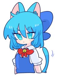 Rule 34 | 1girl, animal ears, blue dress, blue eyes, blue hair, cat ears, cat girl, cat tail, cirno, collared shirt, dress, fairy wings, flat chest, highres, ice, ice wings, neck ribbon, op na yarou, pinafore dress, puffy short sleeves, puffy sleeves, red ribbon, ribbon, shirt, short hair, short sleeves, simple background, sleeveless dress, solo, tail, touhou, v-shaped eyebrows, white background, white shirt, wings