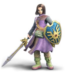 Rule 34 | 1boy, 3d, belt, blue eyes, brown hair, dragon quest, dragon quest xi, full body, greyscale, hero (dq11), highres, looking at viewer, male focus, monochrome, nintendo, official art, shield, short hair, solo, square enix, super smash bros., sword, transparent background, weapon