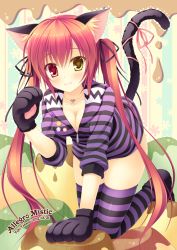 Rule 34 | 1girl, animal ears, animal hands, bad id, bad pixiv id, blush, breasts, cat ears, cat tail, dated, hair ribbon, heterochromia, long hair, looking at viewer, original, red hair, ribbon, smile, solo, striped clothes, striped thighhighs, tail, tail ornament, tail ribbon, takano yuki (allegro mistic), thighhighs, twintails, yellow eyes
