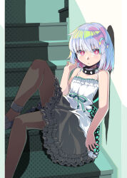 Rule 34 | 1girl, absurdres, alto-00, collar, dohna dohna issho ni warui koto o shiyou, dress, flat chest, hair ornament, heart, heart hair ornament, highres, parted lips, pink eyes, porno (dohna dohna), shoes, short hair, sitting, sitting on stairs, solo, spiked collar, spikes, stairs, white dress, white footwear, white hair