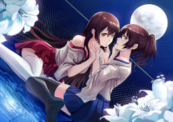 Rule 34 | 10s, 2girls, akagi (kancolle), bare shoulders, black legwear, blue skirt, blurry, brown hair, couple, depth of field, dutch angle, female focus, fence, finger in another&#039;s mouth, flower, full moon, hand on another&#039;s face, highres, japanese clothes, kaga (kancolle), kantai collection, long hair, looking at viewer, looking to the side, miko, moon, multiple girls, neck, night, night sky, nr noir, off shoulder, open mouth, red skirt, round teeth, saliva, side ponytail, sitting, skirt, sky, teeth, thighhighs, very long hair, wariza, white legwear, wide sleeves, yellow eyes, yuri, zettai ryouiki