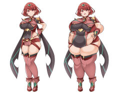 Rule 34 | 1girl, absurdres, alternate body size, arms behind back, belly grab, blush, boots, breasts, closed mouth, commentary request, covered navel, fat, fingerless gloves, full body, gloves, hair between eyes, head tilt, highres, huge breasts, kurokaze no sora, large breasts, looking at viewer, medium hair, multiple views, open mouth, paid reward available, pink footwear, pink thighhighs, pyra (xenoblade), red eyes, red hair, red shorts, shorts, sidelocks, simple background, split mouth, standing, sweatdrop, thick arms, thick thighs, thighhighs, thighs, tiara, white background, xenoblade chronicles (series), xenoblade chronicles 2