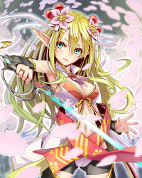 Rule 34 | 1girl, bare shoulders, bike shorts, black thighhighs, blonde hair, breasts, cherry blossoms, cleavage, detached sleeves, elf, flower, fukukitaru, green eyes, hair flower, hair ornament, highres, jewelry, lips, makai touitsu chaos blade, midriff, navel, petals, pointy ears, ring, solo, sword, thighhighs, weapon