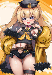 Rule 34 | 1girl, :d, absurdres, anchor hat ornament, azur lane, bache (azur lane), bare shoulders, belt, belt pouch, black shirt, black shorts, blonde hair, blush, brown belt, coat, crop top, fang, hair between eyes, hand on own hip, hand up, hat, hat ornament, highres, hip focus, legs together, long hair, looking at viewer, micro shorts, midriff, navel, nestleo, off shoulder, open clothes, open coat, open mouth, pouch, purple eyes, shirt, short shorts, shorts, skindentation, sleeveless, sleeveless shirt, smile, solo, standing, thigh gap, thigh strap, thighs, torn clothes, torn shorts, two side up, unzipped, v over mouth, very long hair, yellow coat