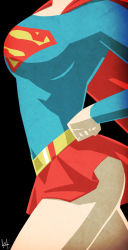 Rule 34 | 1girl, alien, belt, breasts, cape, dc comics, from side, hand on own hip, head out of frame, kryptonian, legs, red cape, red skirt, skirt, solo, standing, supergirl, superman (series), symbol, thighs