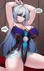 Rule 34 | 1girl, absurdres, armpits, arms up, bare arms, bdsm, blindfold, blue dress, bondage, bound, breasts, chain, choker, cleavage, commentary, cuffs, dress, english text, grey hair, highres, honkai: star rail, honkai (series), jingliu (honkai: star rail), kanta (kanta 077), large breasts, leash, open mouth, red choker, shackles, solo, speech bubble, strapless, strapless dress